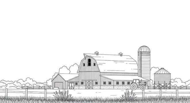 A black and white line drawing depicts a rural farm scene. A large barn with a silo dominates the landscape.