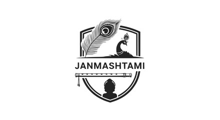 Janmashtami Festival Emblem with Flute and Peacock Feather © Wong