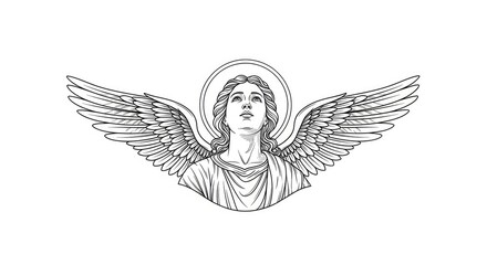 A detailed black and white line drawing depicts an angel with large, feathered wings. The angel’s face is serene and contemplative, looking upwards.