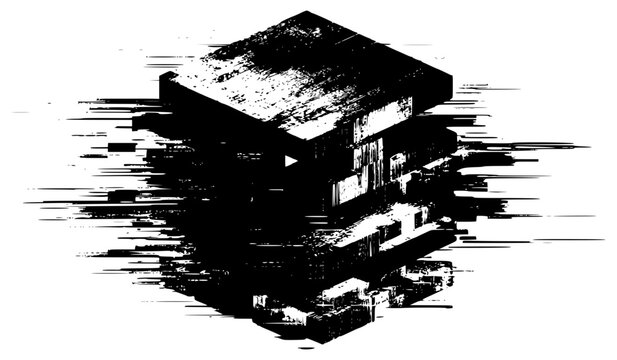Abstract 3D glitch cube vector isolated on white background. Digital data corruption isometric block with pixel distortion texture. Modern technological cyberpunk geometric element design.