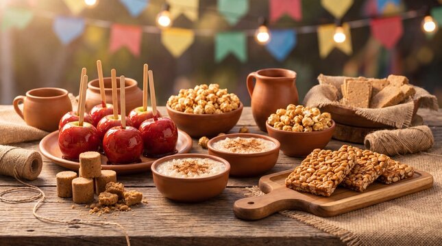 A rustic wooden table filled with traditional Brazilian Festa Junina treats, including candy apples, peanut sweets, rice pudding, and popcorn.