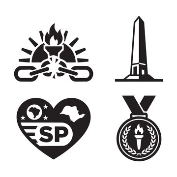 Four black silhouette icons representing historical monuments, emblems, and commemorative symbols