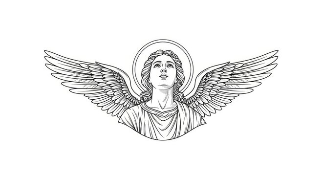 A detailed black and white line drawing depicts an angel with large, feathered wings. The angel&rsquo;s face is serene and contemplative, looking upwards.