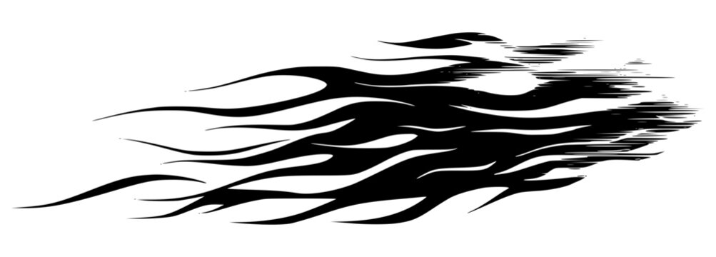 Dynamic black flame decal isolated on white background. Abstract tribal fire shapes, speed trail vector illustration, car vinyl sticker graphic, flowing hot rod racing stripes element.