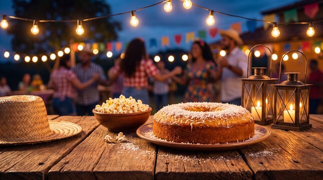 A festive Festa Junina scene with coconut cake and popcorn on a wooden table, featuring string lights and blurred people dancing in the background at night.