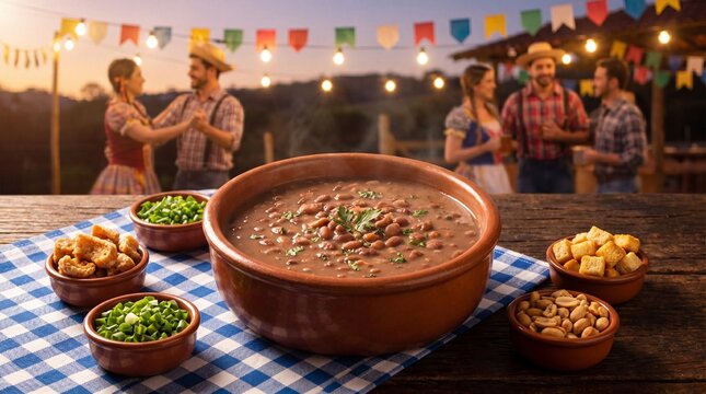A steaming bowl of Brazilian bean soup served on a wooden table with side dishes, celebrating a traditional Festa Junina festival in the background.