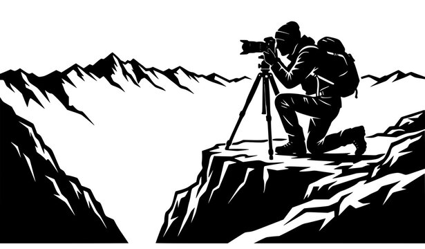Outdoor photographer silhouette with tripod on mountain cliff vector design hiking gear graphic