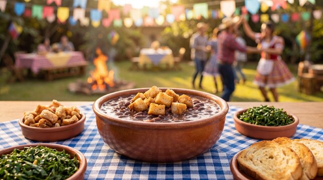 A hearty bowl of Brazilian feijoada with crispy croutons served on a checkered cloth at a festive outdoor Festa Junina garden party with dancing people.