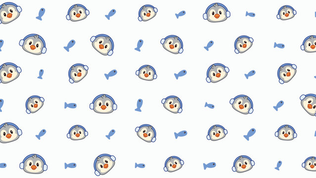 Cute cartoon penguins smile with cheerful eyes. Blue fish swim beside them in playful patterns. Bright white background enhances the fun, lighthearted vibe