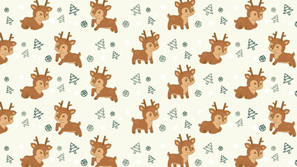 Cute reindeer pattern with festive holiday cheer. Brown animals playfully pose amidst snowflakes and trees. Soft cream background adds cozy, whimsical charm © rochmuch