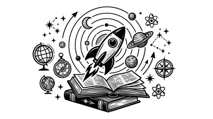 Open Book Rocket Launching into Space with Planets and Stars Illustration © nad