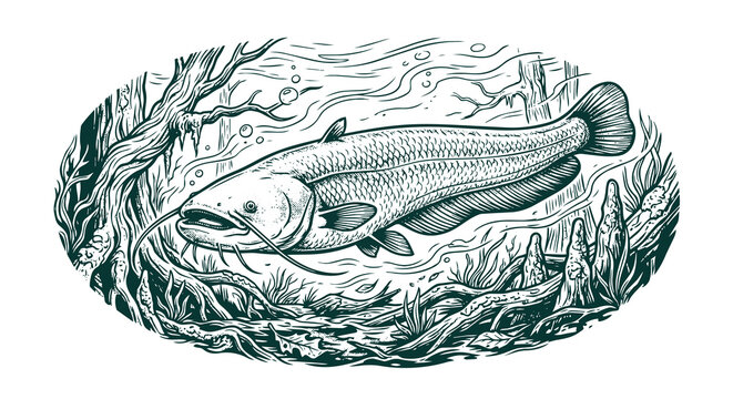 Vintage engraving style underwater Wels catfish vector illustration