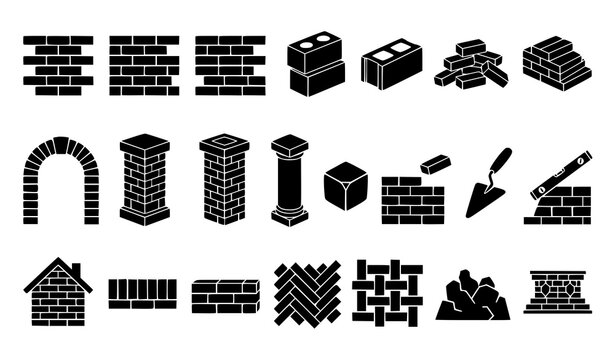 Construction Brick and Masonry Icon Collection with Building Wall Silhouette Symbols