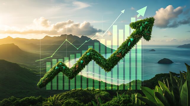 Green financial growth chart over mountain landscape and nature scenery