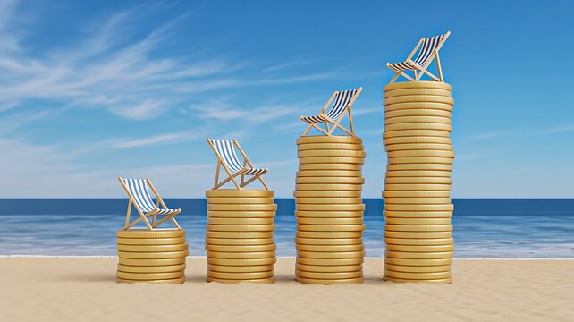 Stacked coins with upward growth concept on tropical beach background