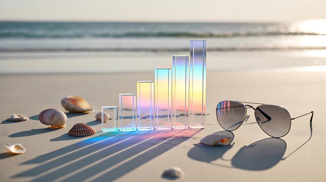 Stacked coins with upward growth concept on tropical beach background