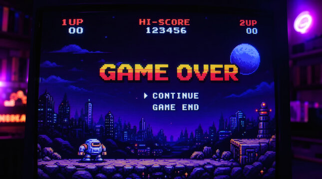 retro 8 bit pixel game over screen vintage arcade score display neon lit nostalgic landscape high contrast photographic art shallow depth of field bold pixelated font dark blue purple hues vibrant gam
