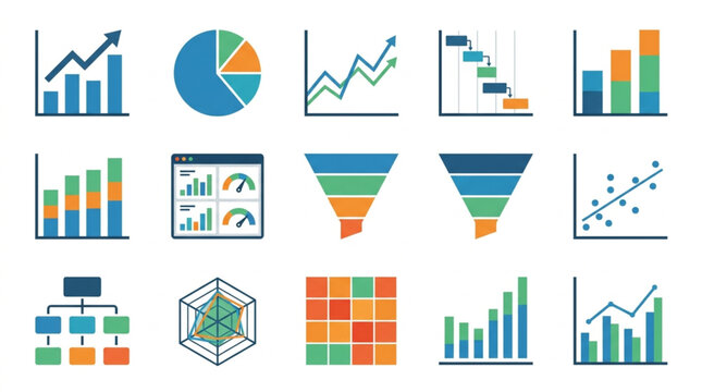Collection of various business data charts and graphs illustrations.