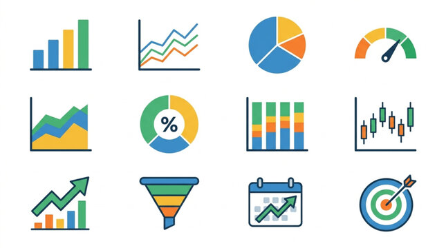 Collection of various business and financial charts and graphs icons.