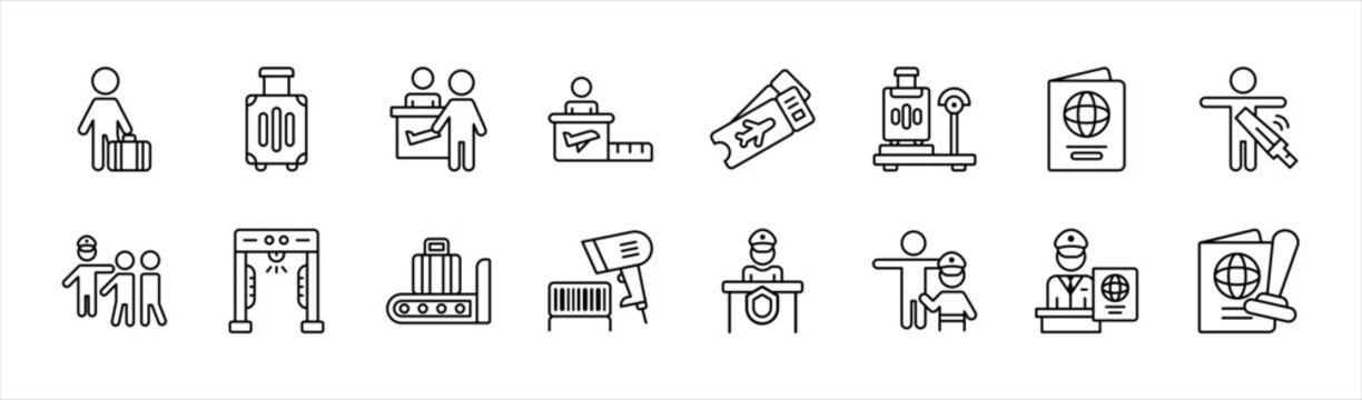 Airport Check In and Security Process Icon Set Showing Passenger with Luggage Counter Check Boarding Pass Baggage Screening Immigration and Passport Stamp Flow Line Outline Style