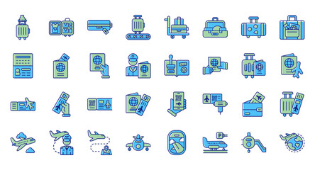 Naklejka premium Airport Boarding Pass and Travel Icon Set Featuring Suitcase Packing Immigration Security Boarding Airplane and Global Flight System