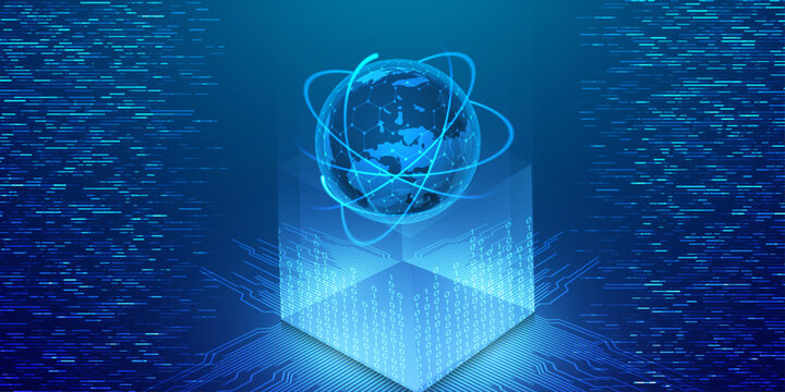 Global network connections and digital data streams illustrating abstract technology concept.