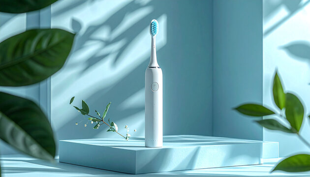 Modern white electric toothbrush standing on a light blue pedestal surrounded by green tropical leaves in a bright minimalist bathroom setting
