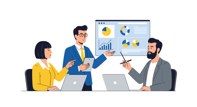 A group of diverse professionals analyzes business metrics and data visualizations on a digital dashboard during a collaborative office meeting.