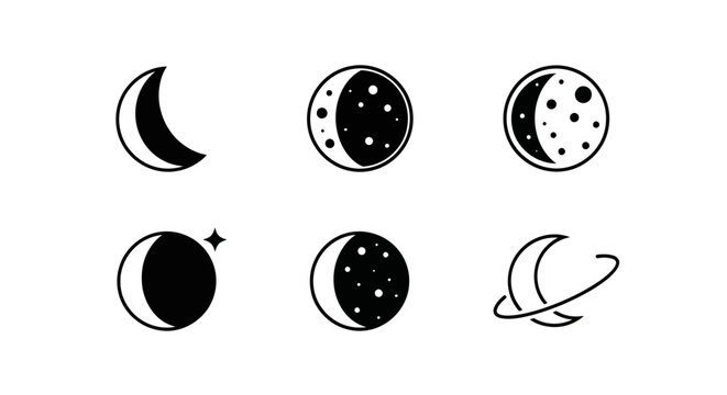 Lunar phases icon set crescent quarter full moons and stars designs
