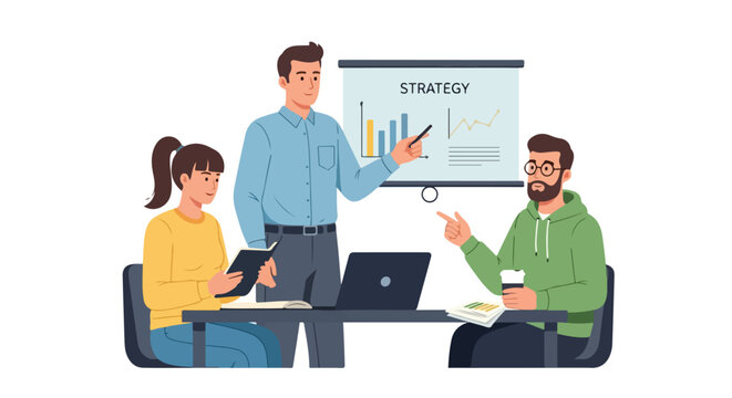 A man gives a strategy presentation to his colleagues while one woman takes notes and a man asks questions in a modern office setting.