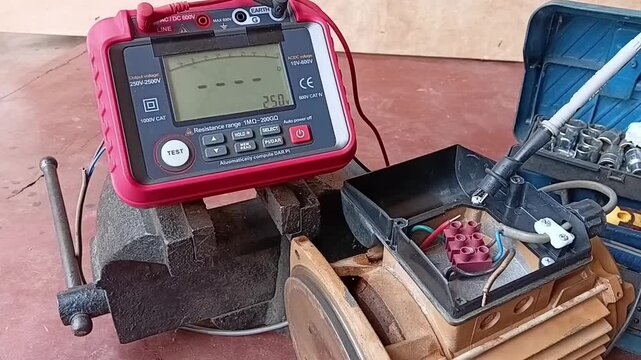 Technician Testing Water Pump Motor Insulation Resistance Value Using A Digital Megger Tester On A Workbench