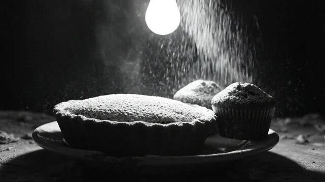 Black and white still life scene of pie and muffins dusted with powdered sugar under a bright light