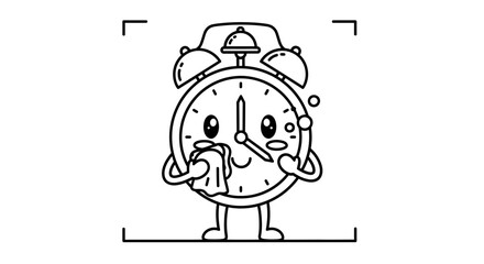 Fototapeta premium Cute Alarm Clock Character Cleaning Face with Cloth, Cartoon Style