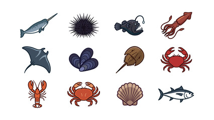 Collection of various marine animals and sea creatures icons. © Arzo