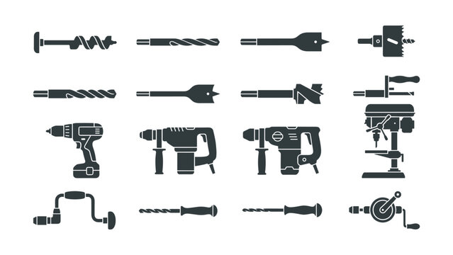 Set of Various Drill Bits and Power Drilling Tools Icons.