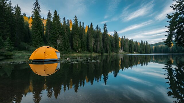 Yellow camping tent beside calm forest lake in wilderness setting