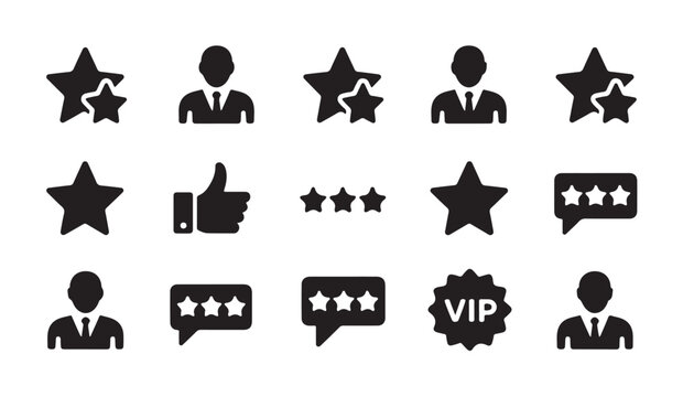 User rating and feedback icons stars businessman VIP badge and chat message.