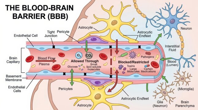 Diagram illustrating the complex structure and function of the blood-brain barrier.