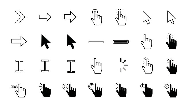 A collection of white outline computer cursor including arrows, hand pointers, and loading symbols, arranged on a clean white background isolated on a transparent background