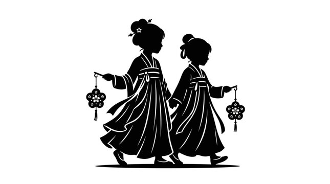 Silhouette illustration of two young girls in traditional Chinese hanfu holding decorative lanterns.