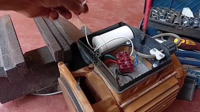 Technician Connecting The Run Capacitor Wires To An Electric Water Pump Motor Terminal