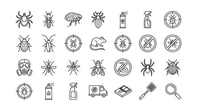 Set of pest control and insect extermination icons in doodle style.