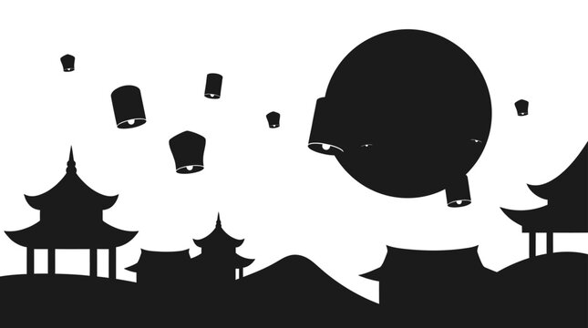 Silhouette illustration of traditional Asian architecture with floating lanterns and a large full moon.