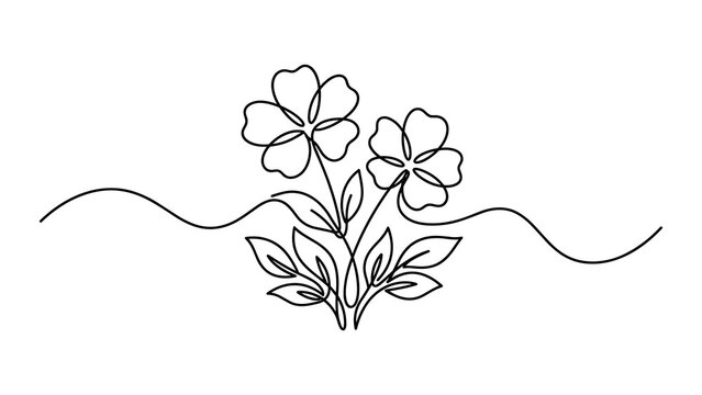 Minimalist continuous line art of two blooming flowers with leaves.