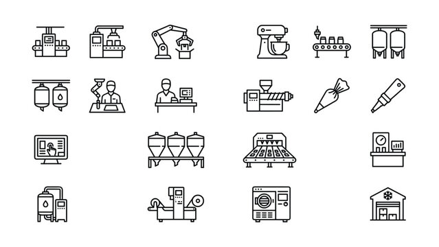Set of food production and industrial manufacturing line icons.