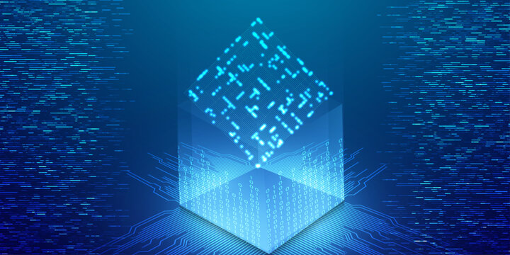 Abstract digital cube glowing with binary code and data network connections on blue background.