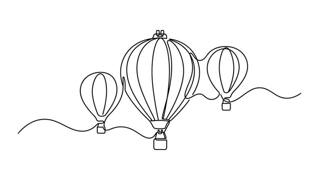 Continuous one line drawing of three hot air balloons flying in the sky.