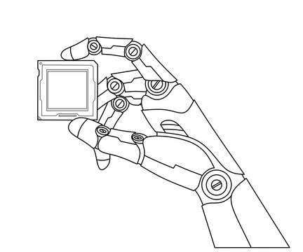 Hand robot hold microchip circuit line drawing vector,hand robot holding chip circuit outline vector,robotarm holding chip circuit illustration,robot srm chip circuit design