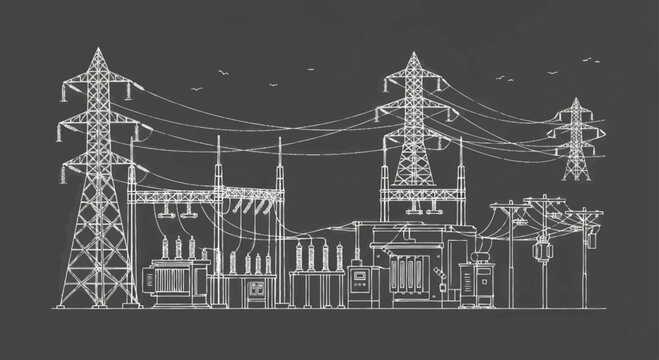 Electrical substation with power lines and transmission towers in a schematic drawing style.