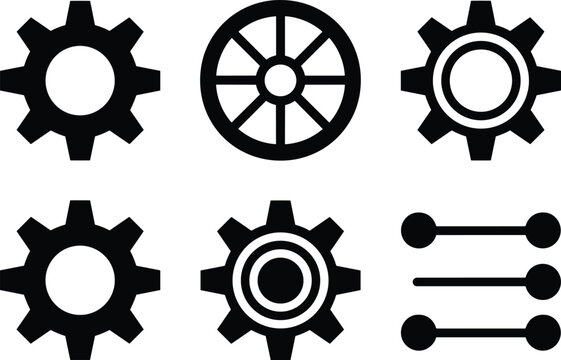 A set of six black and white gear and settings icons